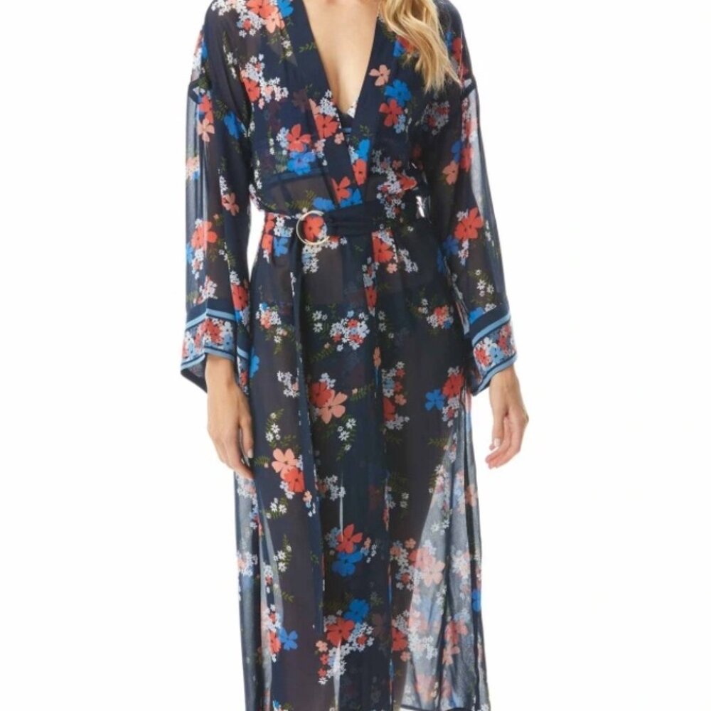 NEW MICHAEL KORS KIMONO COVER UP FLORAL BORDER MEDIUM/LARGE